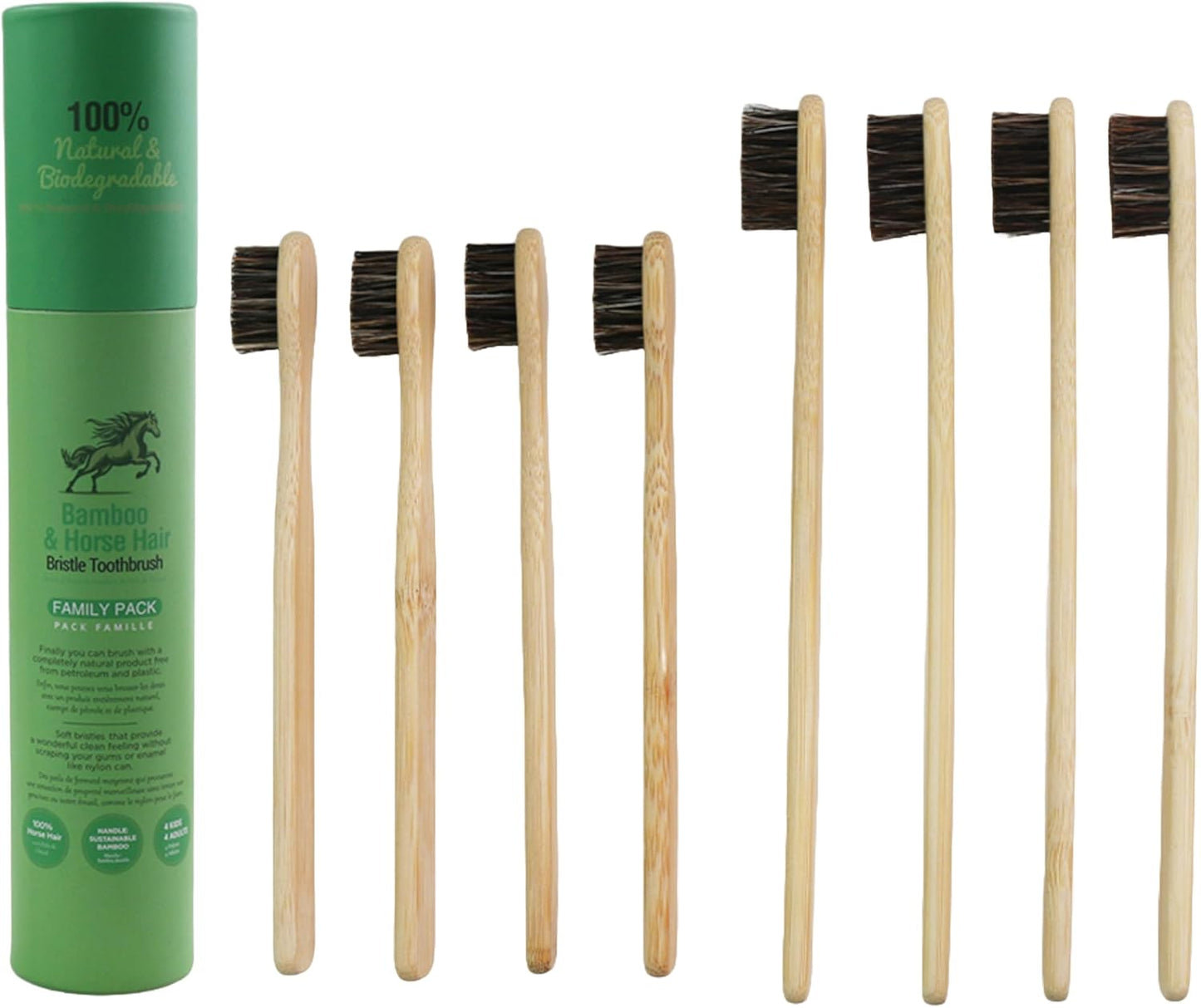 Gaia Guy Natural Bristle Bamboo Toothbrush Family Pack (NO Nylon - Horsehair ONLY) - Totally Compostable & Biodegradable Horse Hair Bristle and Bamboo Toothbrushes - Zero Waste - 4 Kids and 4 Adults
