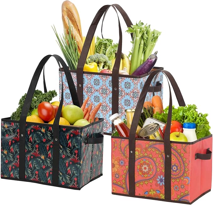 Reusable Grocery Bags Set Durable Heavy Duty Tote Bag Collapsible Grocery Shopping Box Bag with Reinforced Bottom