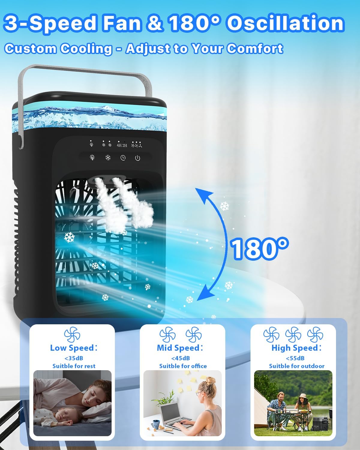 Mecmic Portable Air Conditioner Cooling Fan - 3 Speeds, 2 Mist Modes, 1000mL Water Tank, 7-Color Night Light, 2-4H Timer, Mini Cooling Fan for Bedroom, Office, Camping