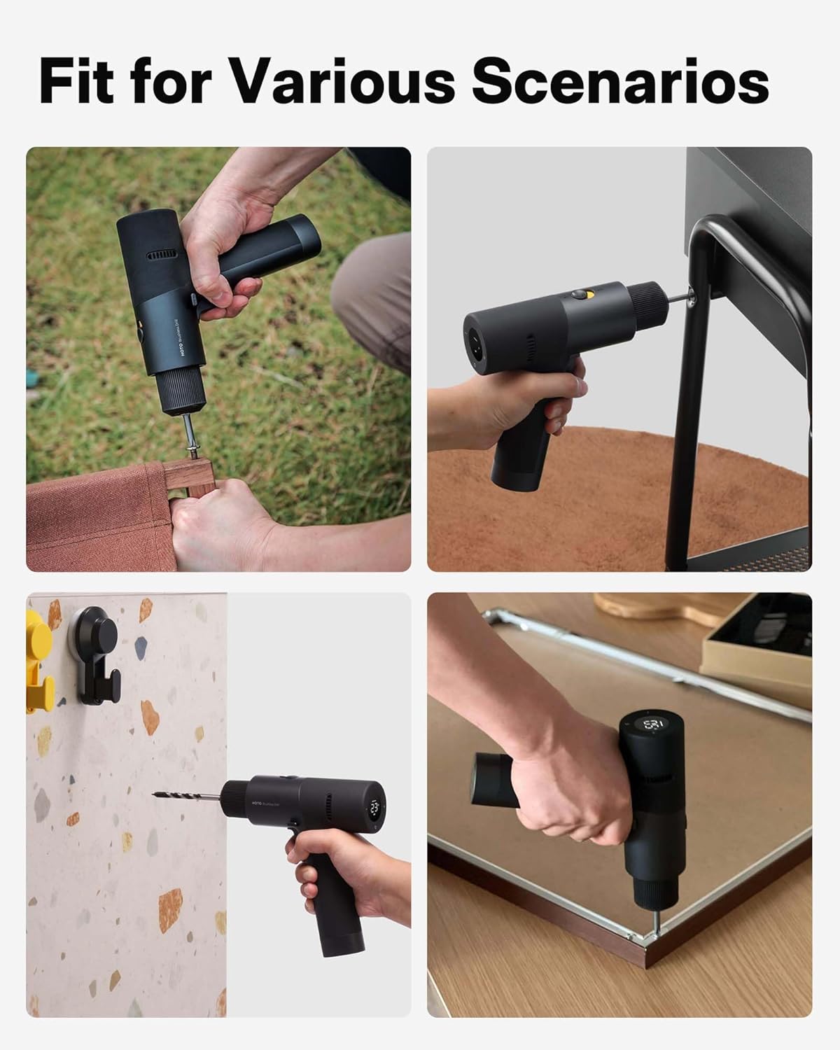 HOTO Brushless Drill, 12V Cordless Power Drill with LED Display, 30 Gears 2 Working Modes, 3/8 Inch Keyless Chuck, 266 in-lbs (30N·m) Torque, 2000mAh Battery, 10 Bits & 8 Drill Bits