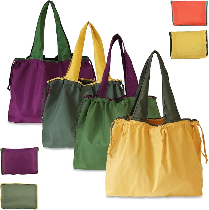 Reusable Grocery Bags Shopping Bags Colorful Foldable Tote Bulk with Pouch & Drawstring Machine Nylon Bags Lightweight