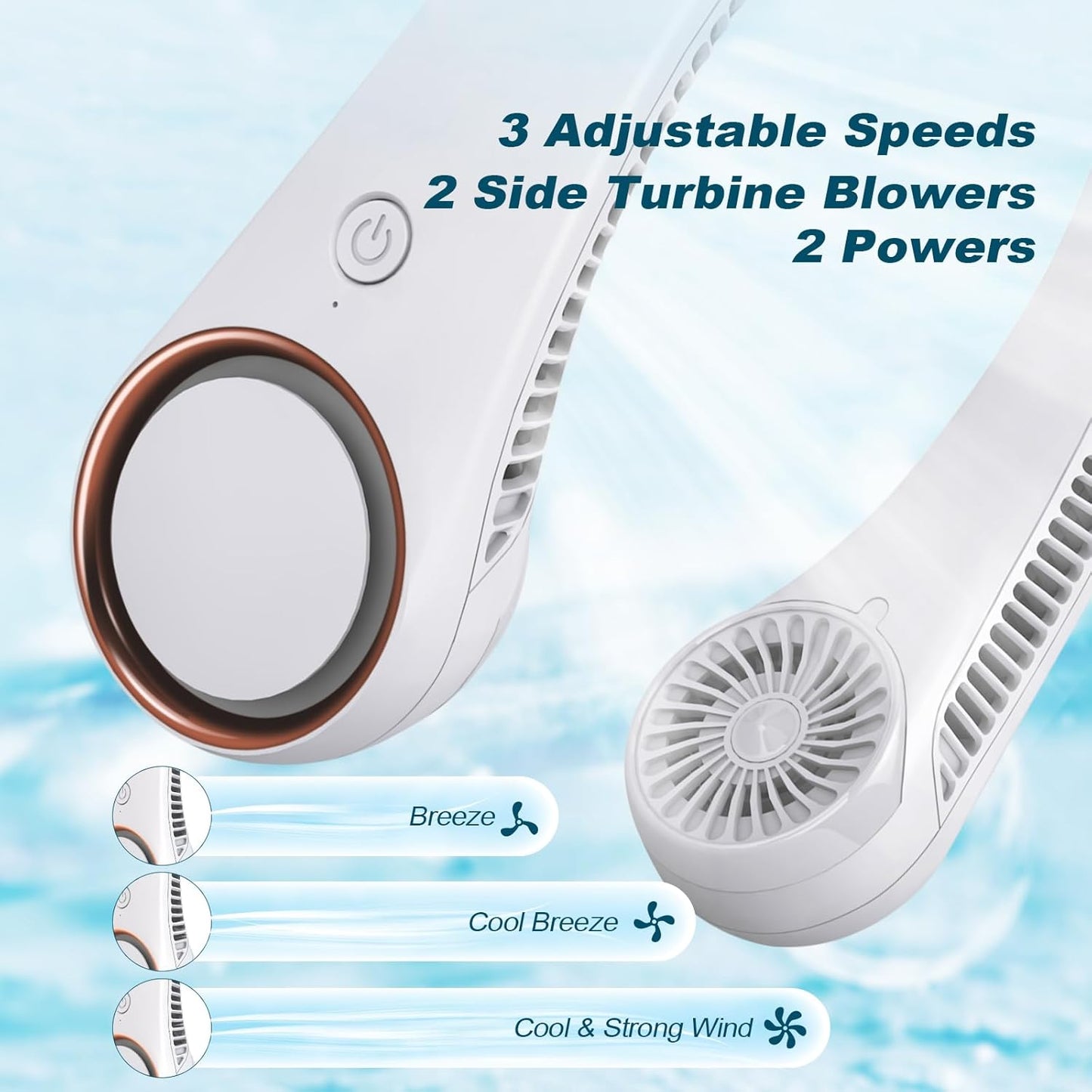 CIVPOWER Neck Fan - Portable Personal Bladeless Cooling Fan, Hands-Free Wearable Design, 3 Speeds, 4000mAh USB Rechargeable Battery for Men & Women (White)