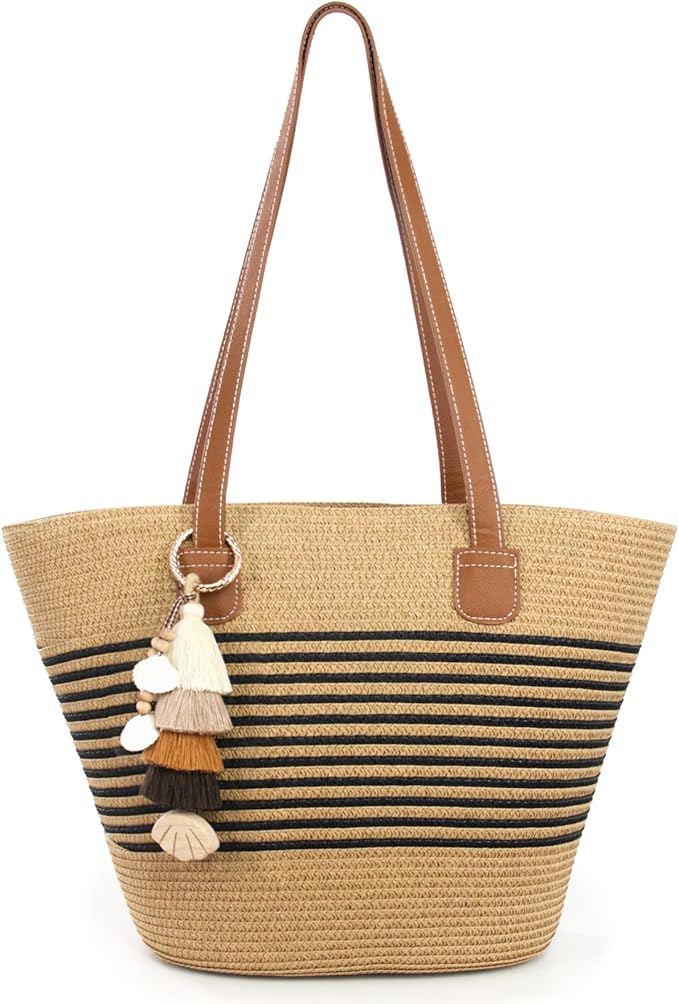 RUNROLE Straw Beach Tote Bag with Tassel Hat Clip for Travel, Large Lightweight Raffia Summer Hobo Shoulder Bag for Women