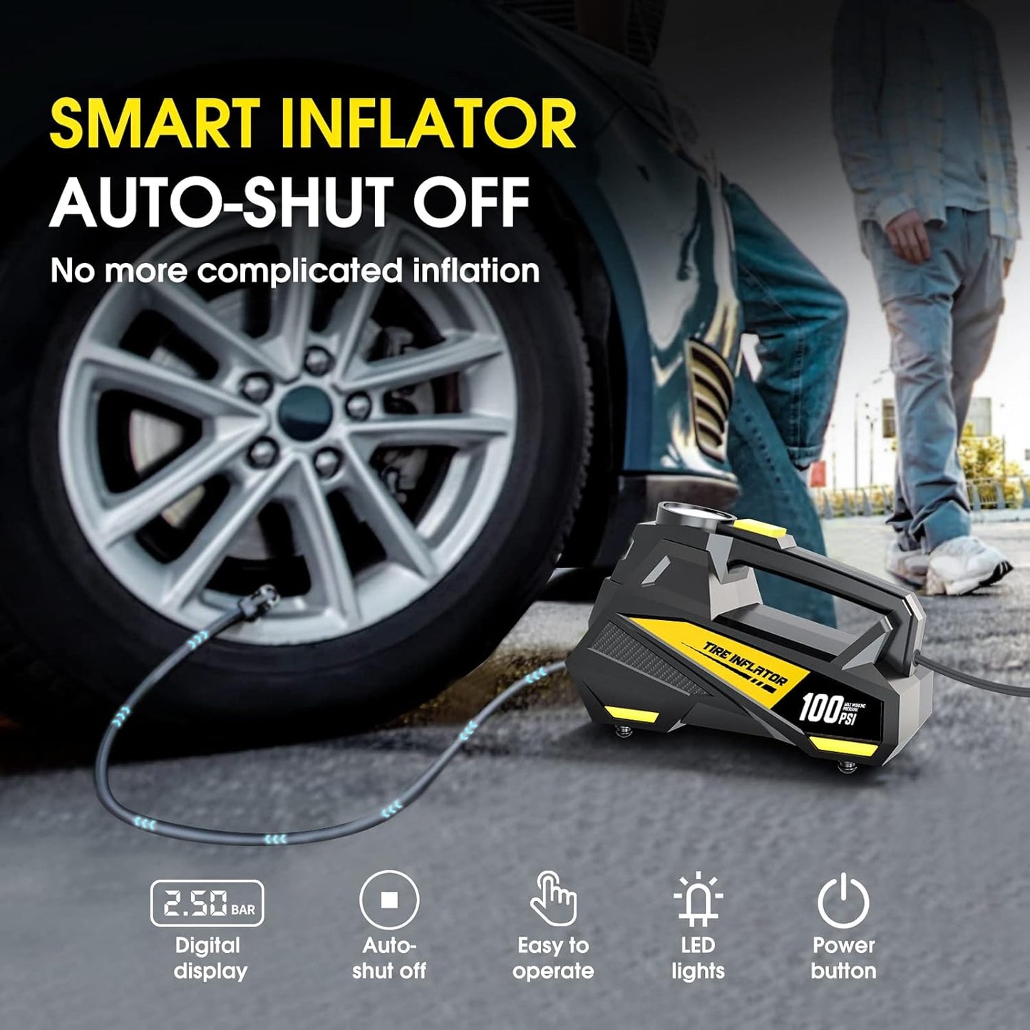 Portable Tire Inflator Air Compressor, Auto Pump 150PSI 12V DC with LED Digital Pressure Indicator and Emergency Light for Car Tires Motorcycles Bicycles