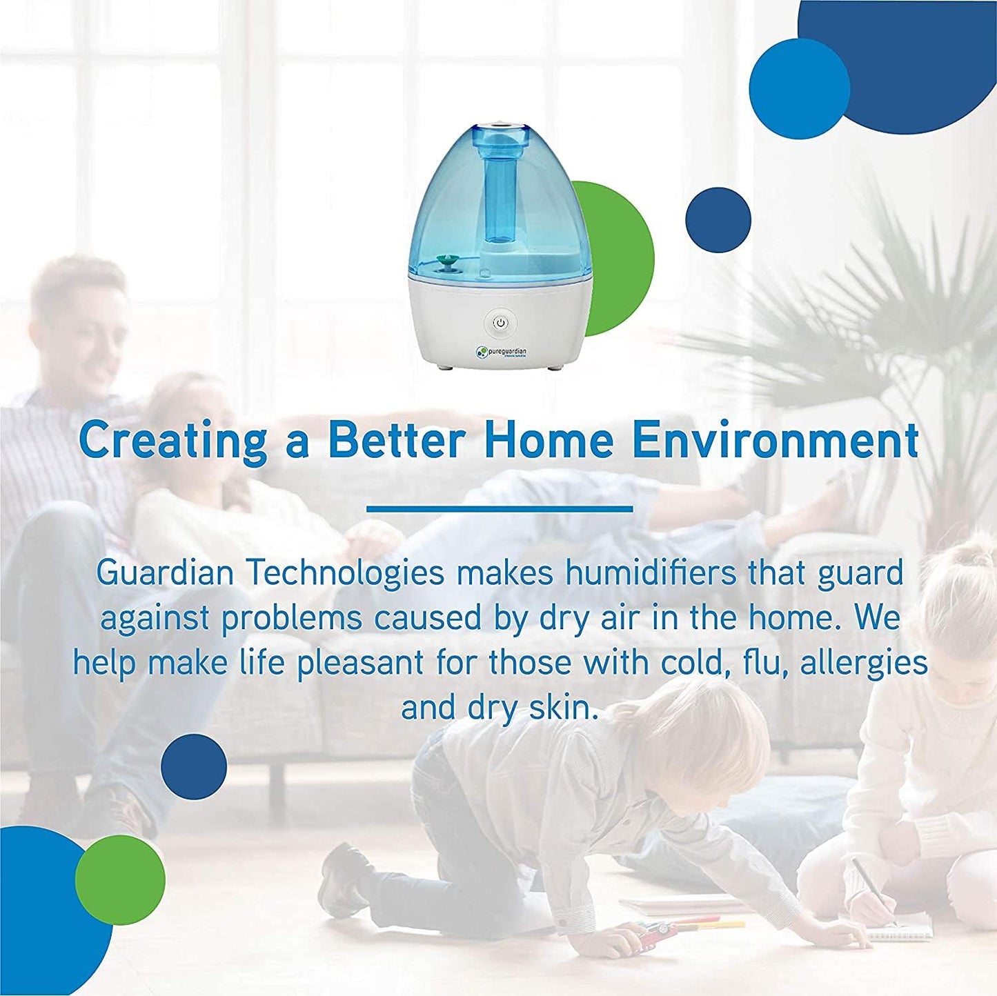 PureGuardian H910BL Ultrasonic Cool Mist Humidifier for Bedrooms, Babies Nursery, Quiet, Filter-Free, Up to 10 Hour Run Time, Treated Tank Reduces Mold, Pure Guardian Desktop