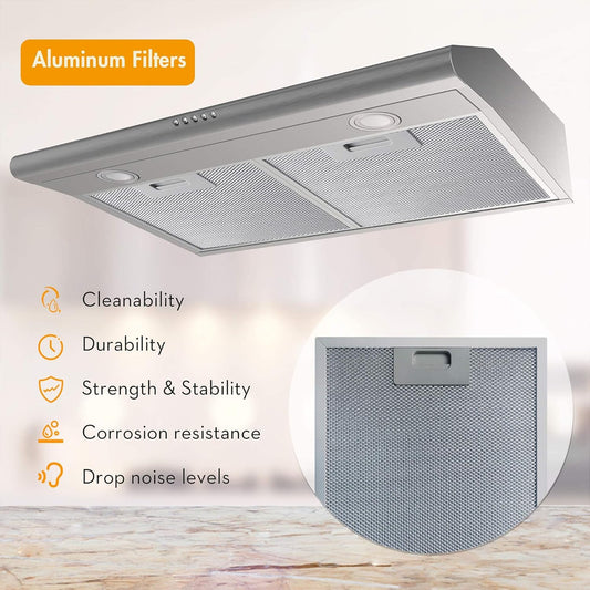 FIREGAS Range Hood 30 inch under cabinet with 3 Speed Hood Fan, LED Lights, Reusable Filters, Convertible Slim Kitchen Over Stove Vent Includes Charcoal Filter For Ducted/Ductless