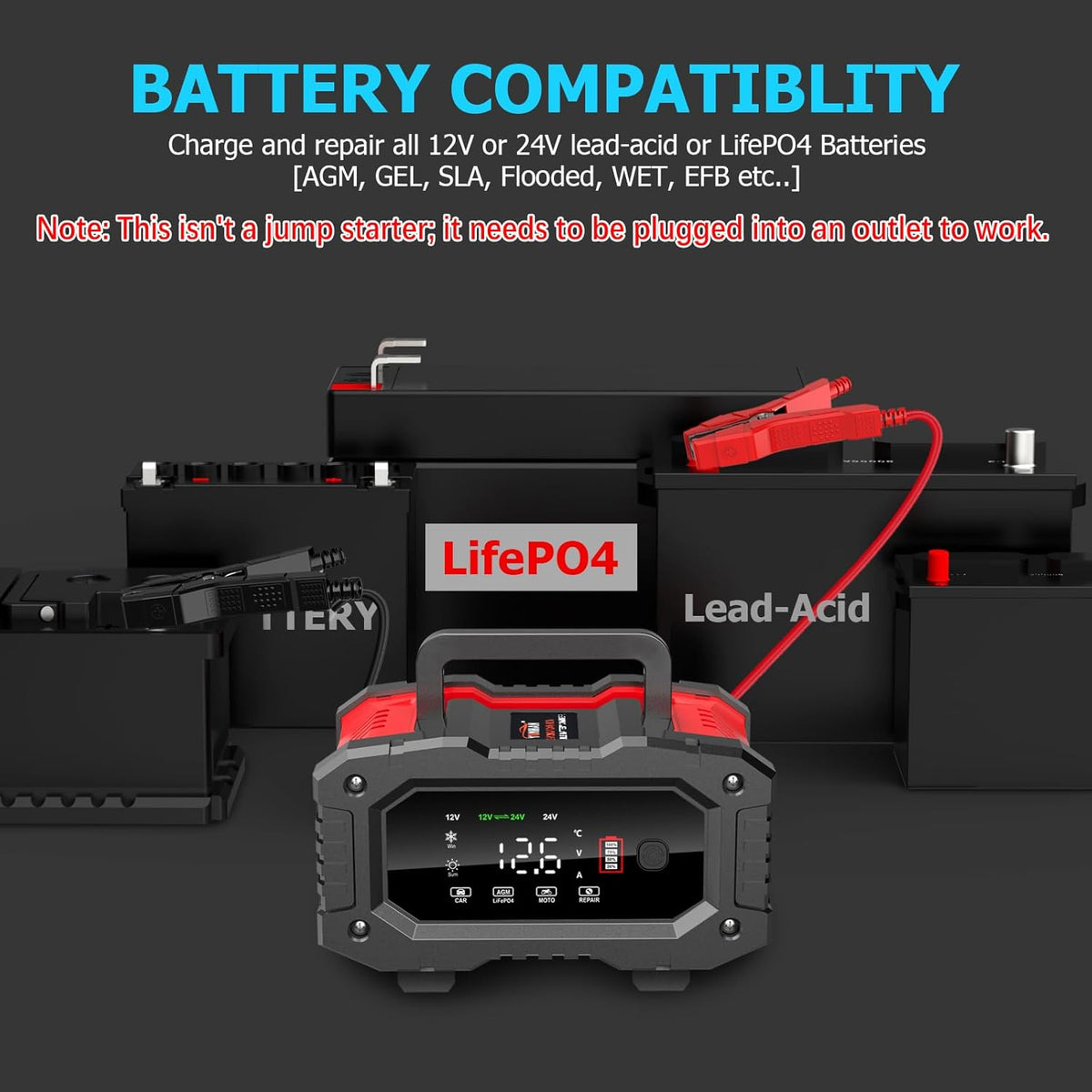 20A 12V/24V Automatic Car Battery Charger and Maintainer – LiFePO4, AGM, Gel, Deep Cycle Compatible with Pulse Repair and Winter Mode - PuriLite