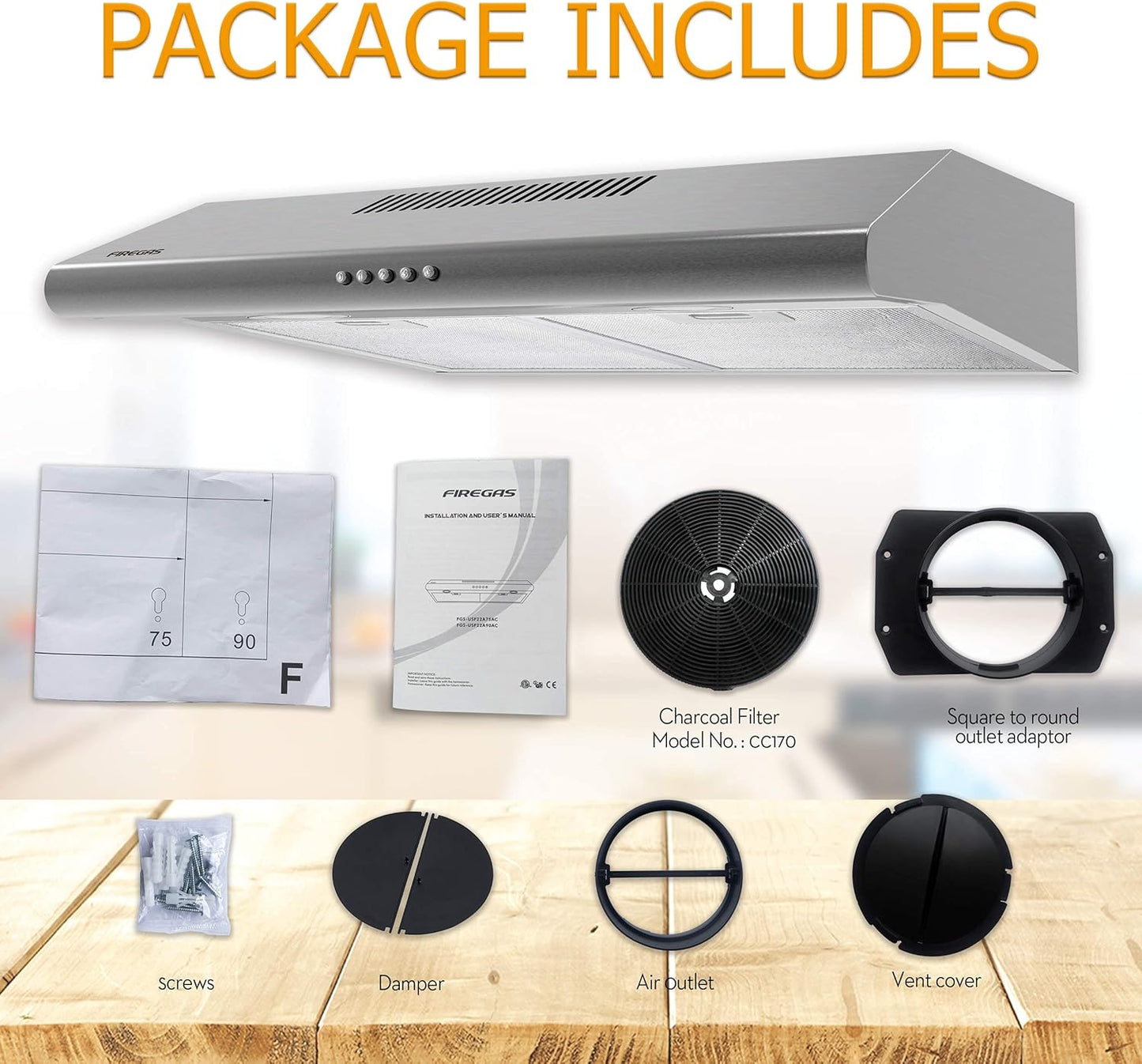 FIREGAS Range Hood 30 inch under cabinet with 3 Speed Hood Fan, LED Lights, Reusable Filters, Convertible Slim Kitchen Over Stove Vent Includes Charcoal Filter For Ducted/Ductless