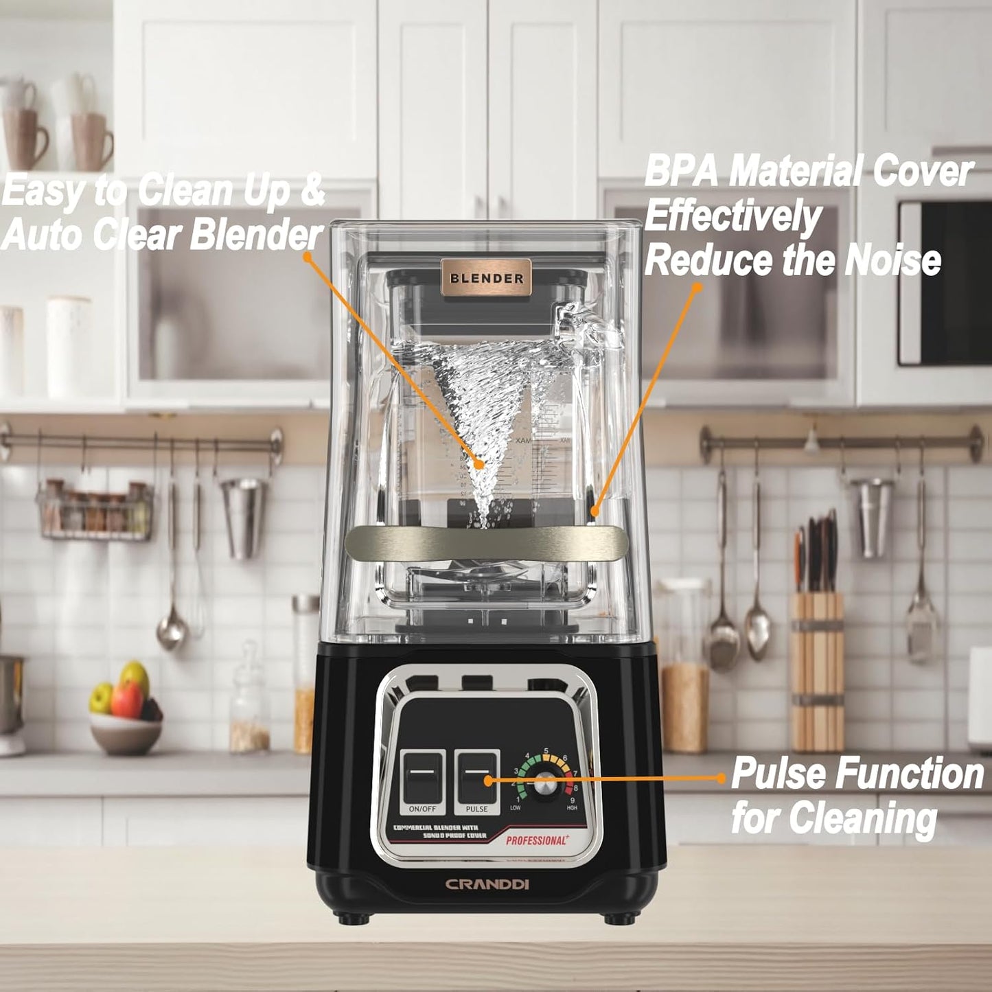 CRANDDI Quiet Smoothie Blender, Professional Countertop Blender with Removable Shield, 2200W Strong Motor, 52oz BPA-free Jar for Shakes and Smoothies, Self-Cleaning K80 (Black)