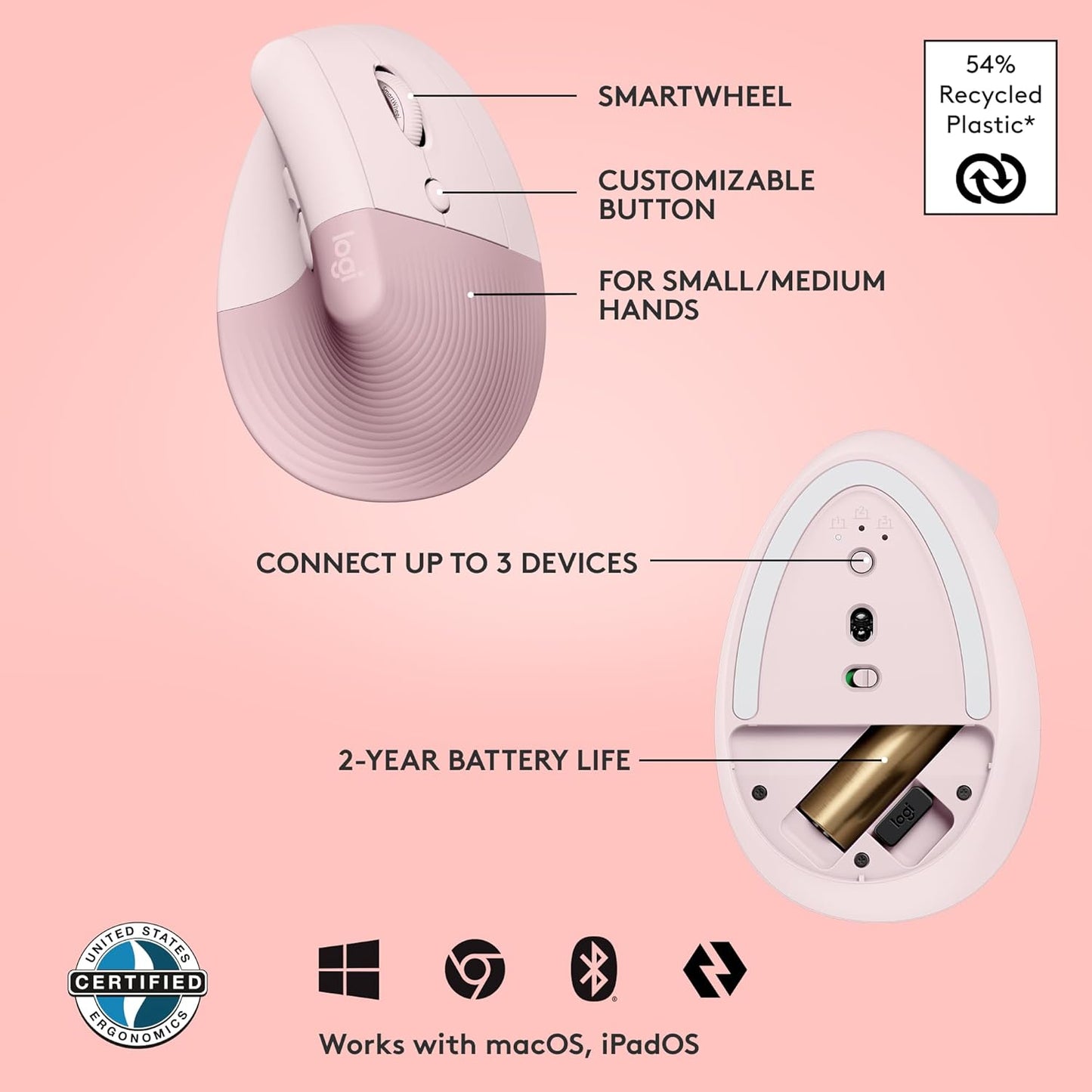 Logitech Lift Vertical Ergonomic Mouse, Wireless, Bluetooth or Logi Bolt USB receiver, Quiet clicks, 4 buttons, compatible with Windows/macOS/iPadOS, Laptop, PC - Rose