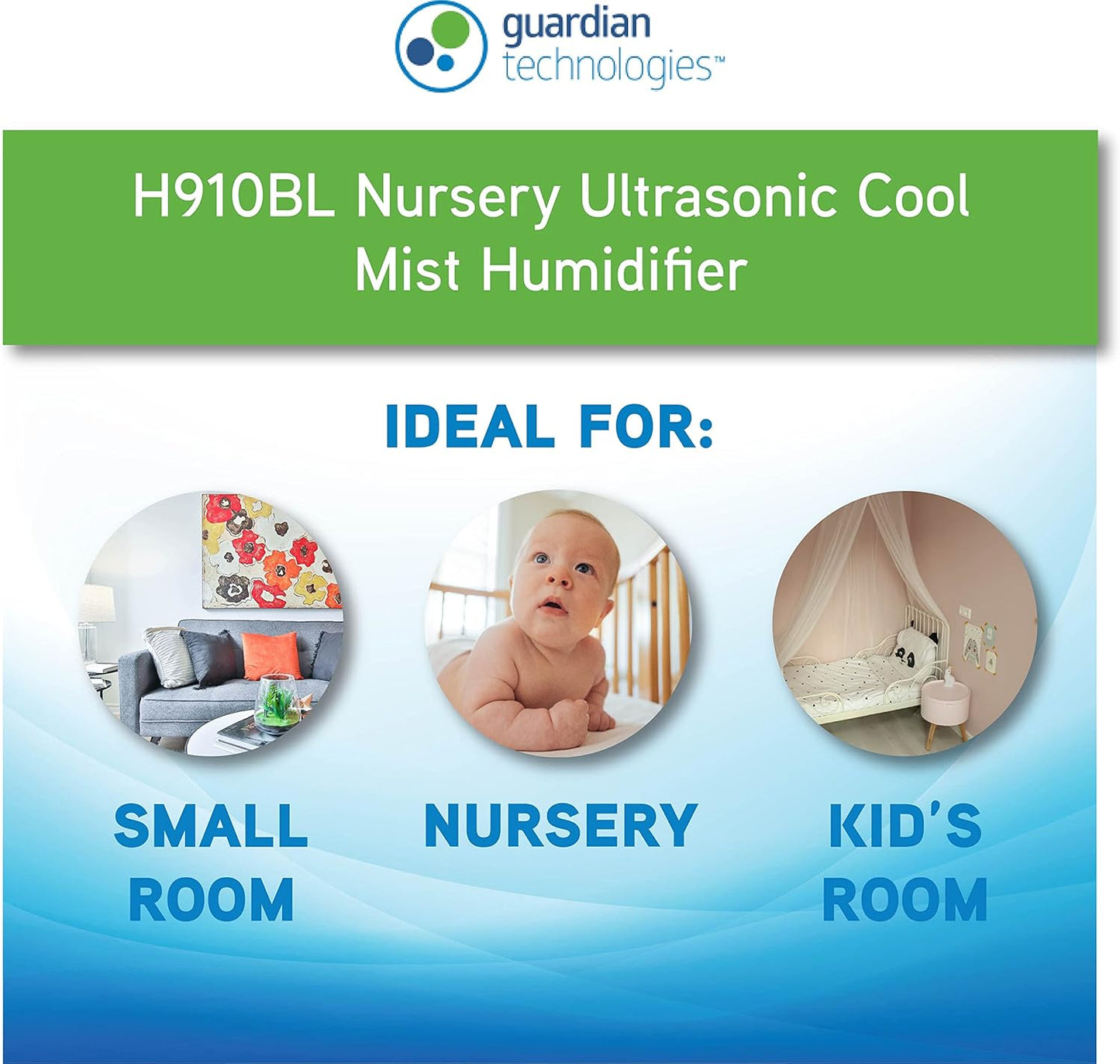 PureGuardian H910BL Ultrasonic Cool Mist Humidifier for Bedrooms, Babies Nursery, Quiet, Filter-Free, Up to 10 Hour Run Time, Treated Tank Reduces Mold, Pure Guardian Desktop