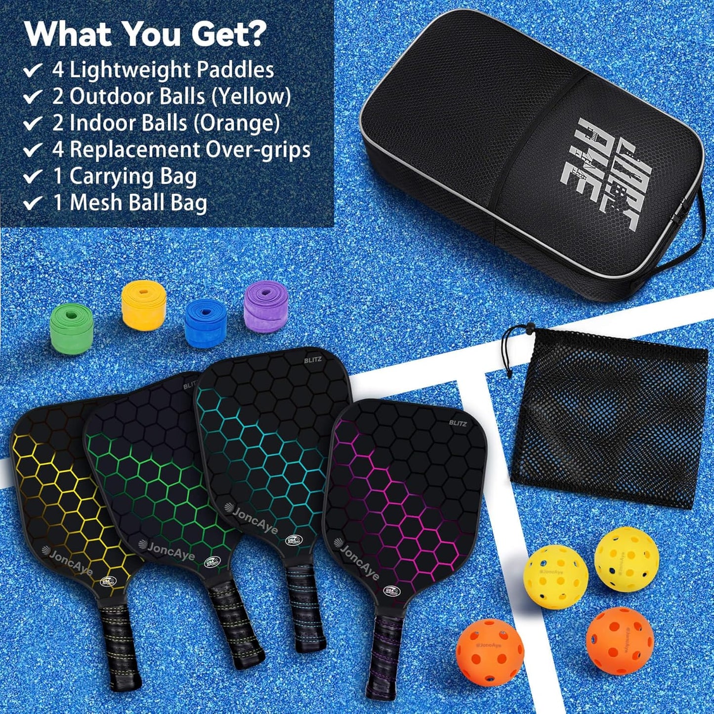 JoncAye Pickleball-Paddles-Set of 4 or 2 Rackets and Balls with Bag, Lead Tapes | Fiberglass Pickle-Ball Racquets and Accessories for Men, Women, Kids, Adults | USAPA Approved Raquette de Pickleball