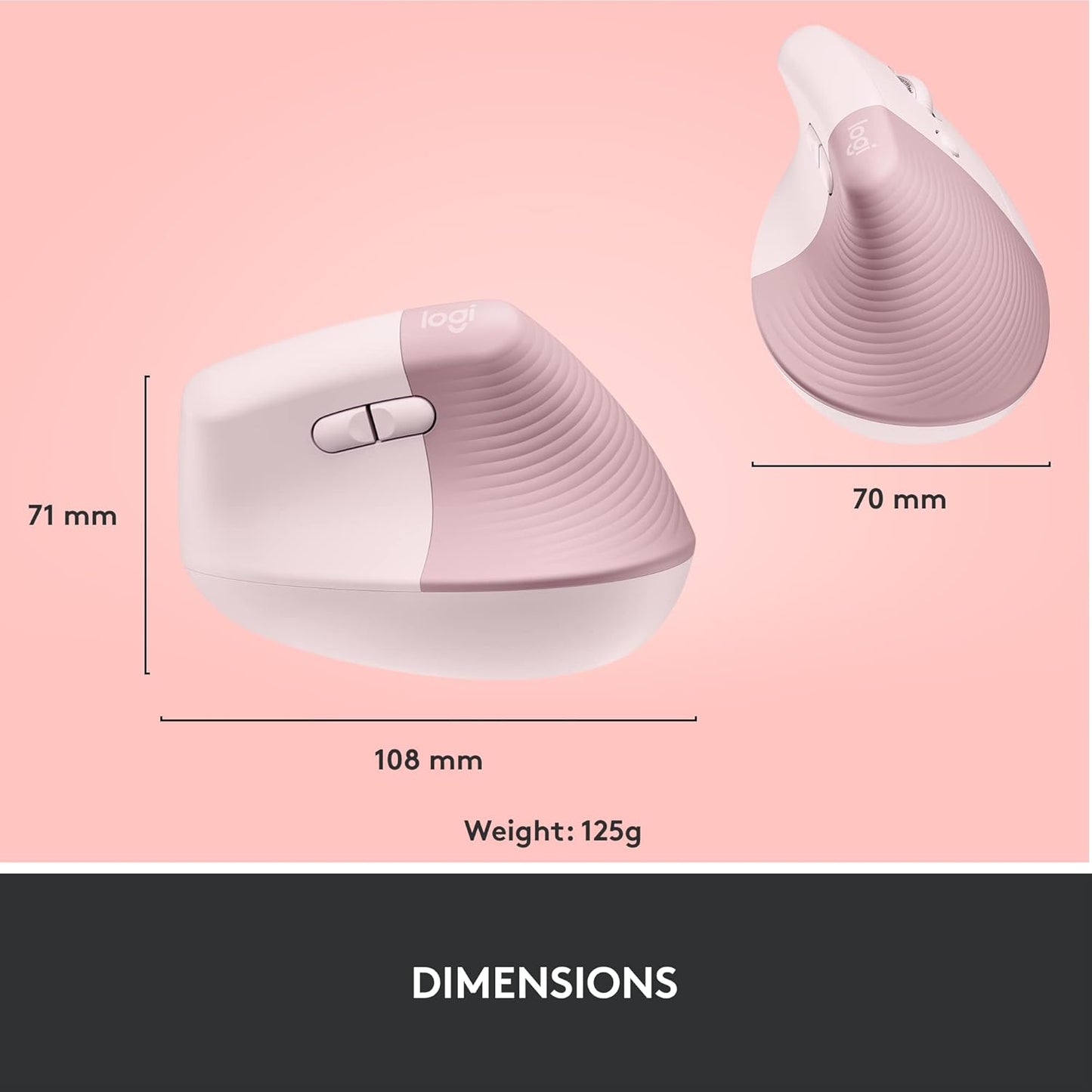 Logitech Lift Vertical Ergonomic Mouse, Wireless, Bluetooth or Logi Bolt USB receiver, Quiet clicks, 4 buttons, compatible with Windows/macOS/iPadOS, Laptop, PC - Rose