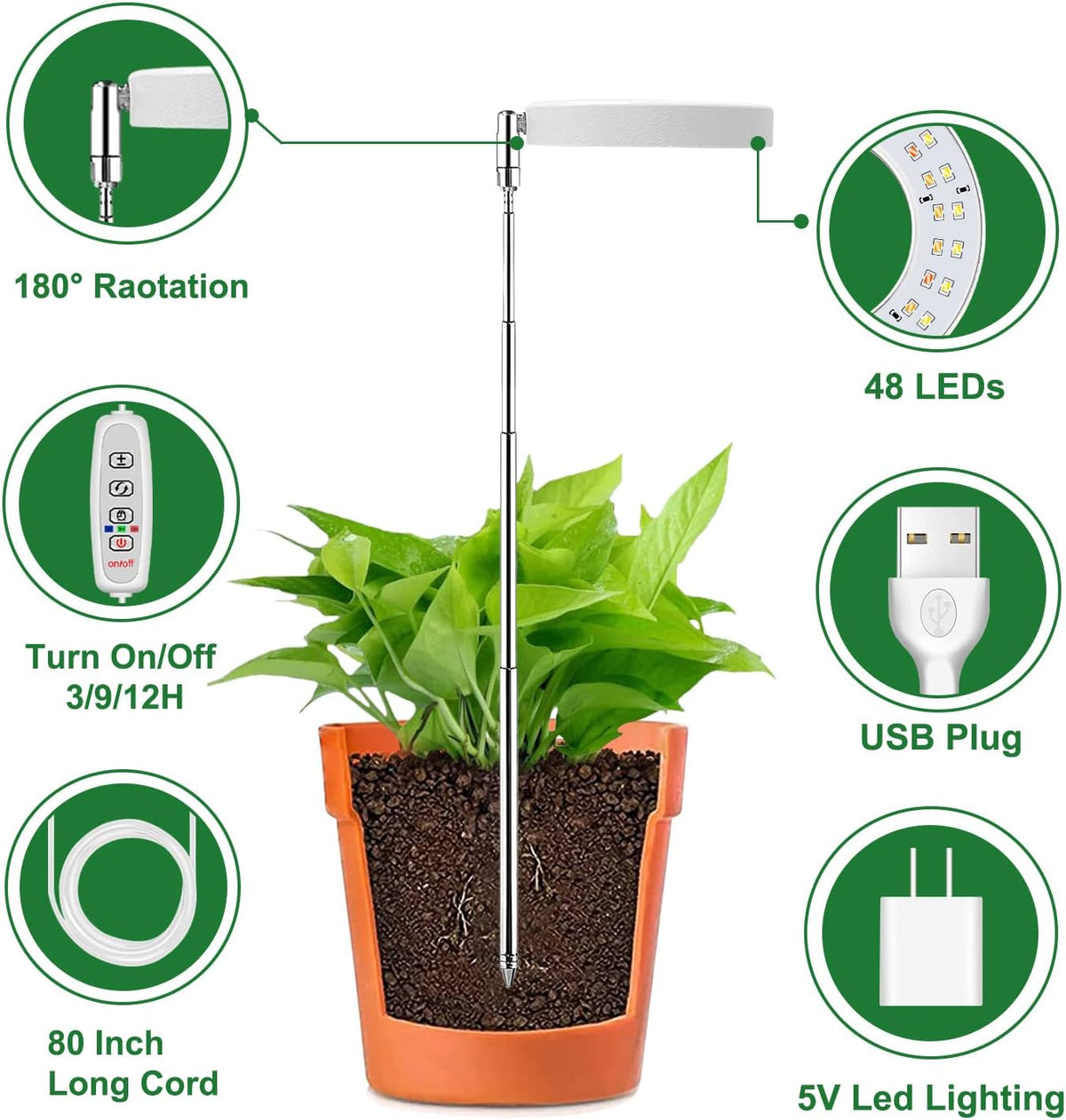 48-LED Full Spectrum Plant Grow Light | Adjustable Height | Auto Timer | 3 Light Modes | 10 Brightness Levels - PuriLite