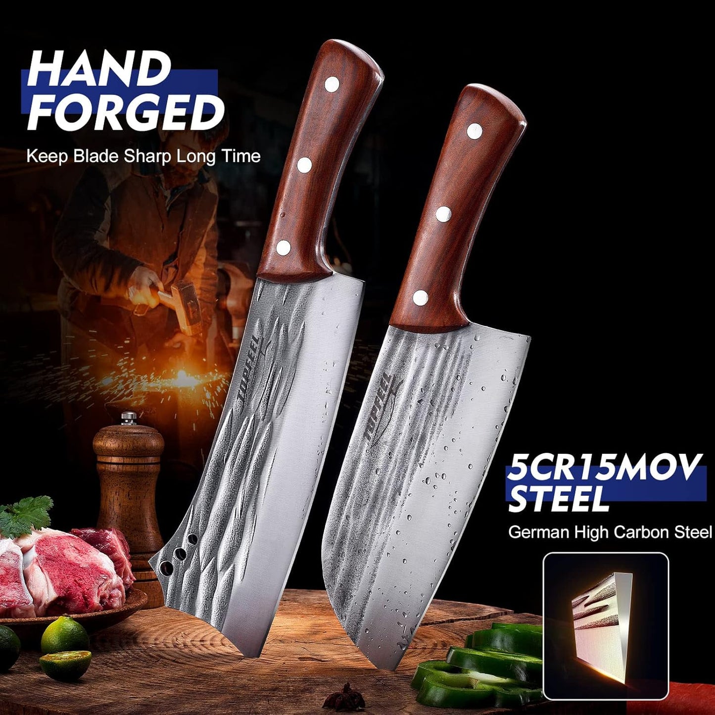 2 pcs Meat Cleaver & Heavy Duty Bone Chopper Knife Set, Hand Forged German High Carbon Stainless Steel Butcher Knife for Home Kitchen & Outdoor…