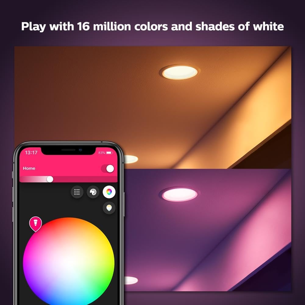 Philips Hue White & Color Ambiance 4" Smart LED Retrofit Can Downlight, Color Changing, Bluetooth & Zigbee Compatible (Hue Hub Optional), Smart Ceiling Lighting