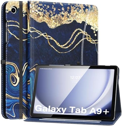 MoKo Case for Samsung Galaxy Tab A9 Plus 11" 2023 (SM-X210/SM-X216/SM-X218), PU Leather Multi-Angle Viewing Folding Stand Cover Case with Hand Strap, Front Pocket, Auto Wake/Sleep, Denim Blue & Brown