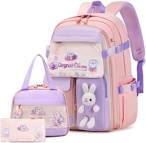 FIXITOK Girls Backpack Set, 3PCS Kids Backpack for Girls, Kawaii Bunny School Backpacks for Girl Kindergarten Elementary Preschool Middle School Bags with Lunch Box Pencil Case Aquamarine