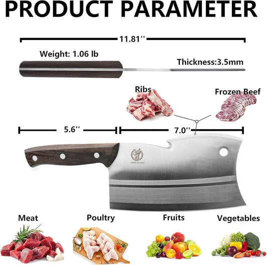 ZENG JIA DAO Meat Cleaver Knife, Dual Edges Butcher Knife Multi-Purpose Kitchen Chopping Knife for Meat Cutting Chinese Chefs Knife with Ergonomic Pearwood Handle with Gift Box