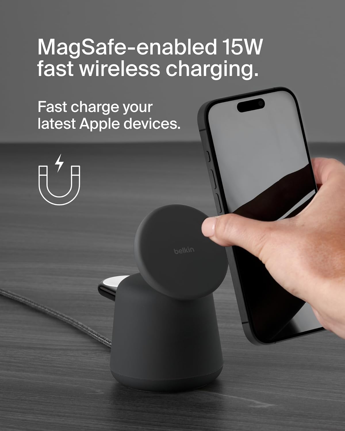 Belkin 2-in-1 MagSafe Wireless Charging Dock 15W Fast Charge iPhone Charger Compatible with iPhone 16, 15, 14, and 13 Series, AirPods, and Other MagSafe Enabled Devices, Includes Power Supply - Black - PuriLite