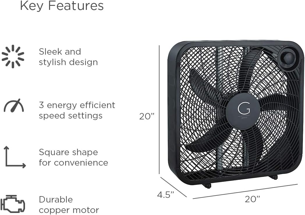 20" Box Fan, 3 Settings, Max Cooling Technology, Carry Handle, Black (G20BOX-BLK)