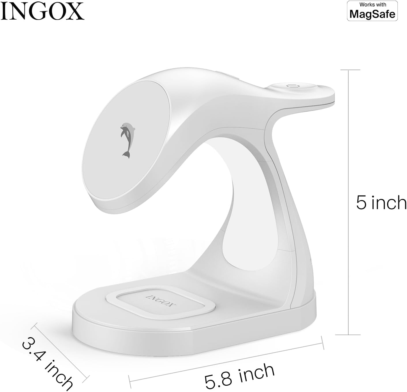 INGOX 4 in 1 Magnetic Wireless Charger Stand for iPhone 16 15 14 13 12 Pro/Max/Plus/Mini, AirPods Pro/3/2, and Watch 9/8/7/6/SE/5/4/3, Fast Charging Station, White Dolphin, 20W