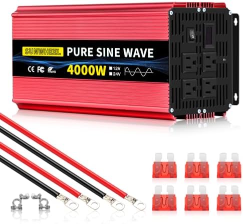 SUNWHEEL 4000W Pure Sine Wave Inverter, 12V DC to 110V/120V AC Power Inverter for RV、Microwave、Off Grid、Truck、Refrigerator、Air Conditioner with 4 AC outlets and LCD Display
