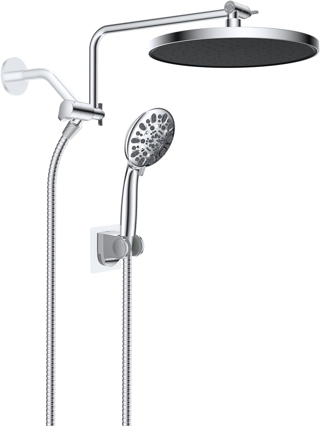 Metal Thickness Shower Head, 10'' High Pressure Rainfall Shower Head/Handheld Showerhead Combo with 12'' Adjustable Shower Extension Arm, 7-Spray, 71'' Hose, Showerhead Holder, Matte Black