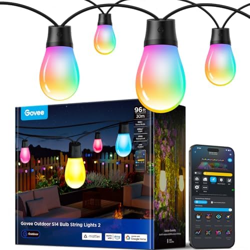 Govee S14 Bulb Outdoor String Lights 2, 96ft Smart RGBIC Warm White Patio Lights with 30 LED Bulbs, 111 Scene Modes for Outdoor Decor, Works with Alexa, Google, Matter, APP Control, IP66 Waterproof