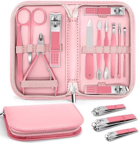 Manicure Pedicure Set, Nail Clipper Set for Men Women, Professional Manicure Kit Pedicure Kit, Nail Care Kit with Green Travel Leather Bag, Set 12 in 1
