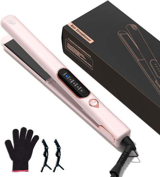 1 Inch Hair Straightener and Curler 2 in 1, Ceramic Titanium Flat Iron,Pink Dual Voltage Straightening Irons with Fast Heating,Glove and 2 Clips Include