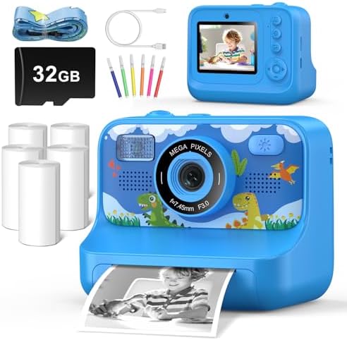 Instant Print Camera for Kids Age 3-12 Girls Boys 1080P Selfie HD Digital Video Cameras with 6 Print Paper & 32G Card Toddler Portable Travel Toys Camera for Christmas Birthday Gifts