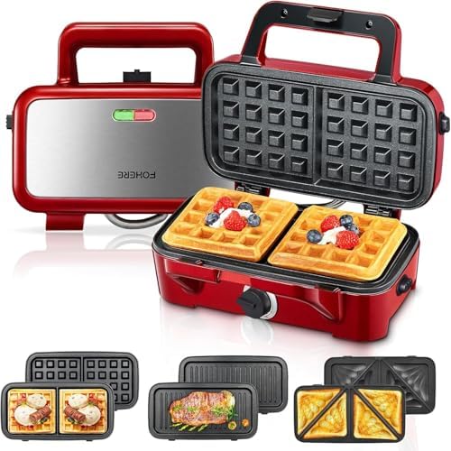 FOHERE 3-in-1 Waffle Maker, Sandwich Maker, Panini Press with Removable Plates, 5-Gear Temperature, LED Indicator Lights, Portable Handle, 1200W Belgian Electric Grill Cheese Machine