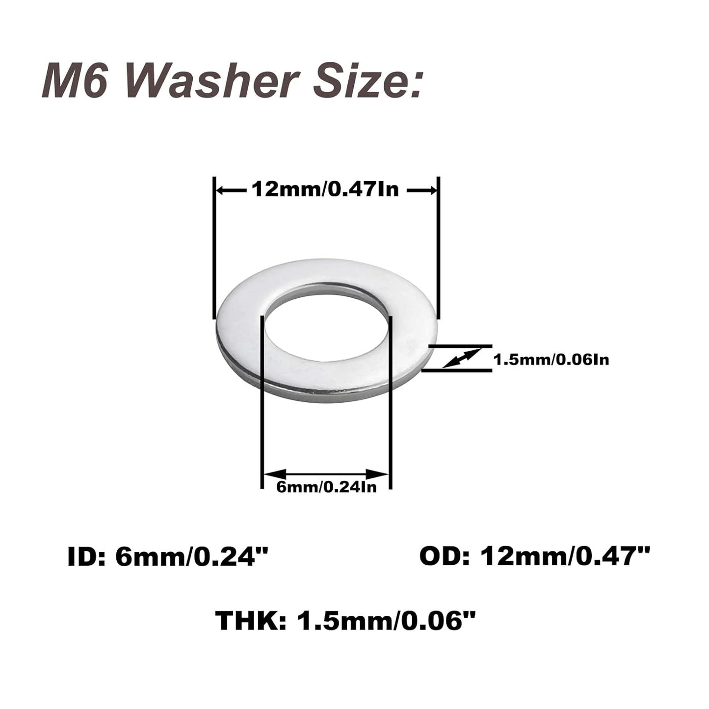Fajoeda M6 Flat Washers 120Pcs M6 304 Stainless Steel Flat Washer for Bolts Screws, M6 x 12 mm x 1.5 mm