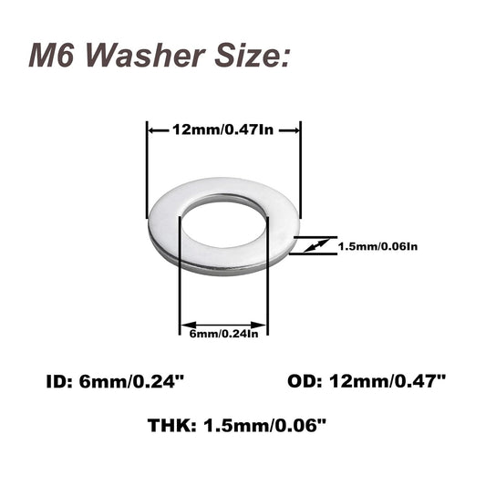 Fajoeda M6 Flat Washers 120Pcs M6 304 Stainless Steel Flat Washer for Bolts Screws, M6 x 12 mm x 1.5 mm - PuriLite