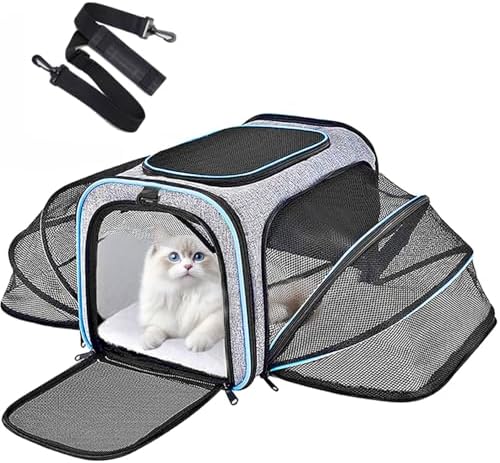 Expandable Cat Carrier,Pet Carrier Airline Approved 5-Side Ventilation Soft Cat Carrier Bag with Removable Fleece Pad and Shoulder Straps Fit Pets (40L x 25W x 25H cm)