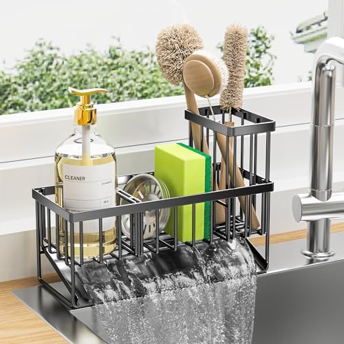 Cisily Kitchen Sink Caddy Organzier with High Brush Holder, Sponge Holder for Sink, 304 Rustproof Stainless, Kitchen Countertop Soap Dispenser Organizer, Kitchen Decor and Accessories (Black)