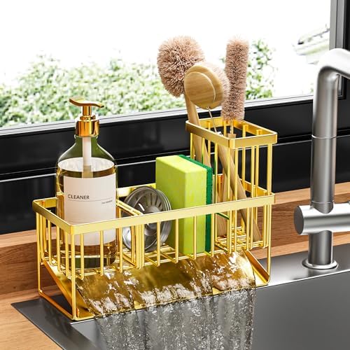 Cisily Kitchen Sink Caddy Organzier with High Brush Holder, Sponge Holder for Sink, 304 Rustproof Stainless, Kitchen Countertop Soap Dispenser Organizer, Kitchen Decor and Accessories (Black)