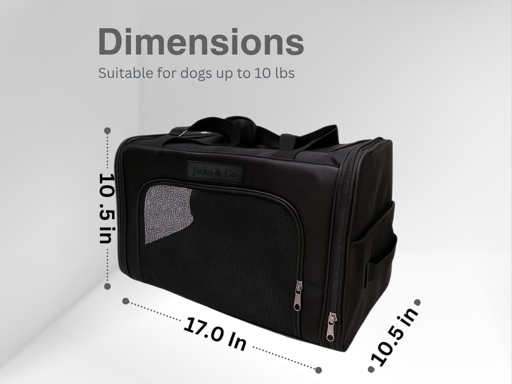 JACKO & CO - Premium Dog & Cat Carrier, TSA Airline Approved with Luggage Loop, Soft-Sided Travel Carrier Bag for Pets, Small Dogs, Puppies, Kittens up to 10lbs, Ventilated Windows & Fully Collapsible