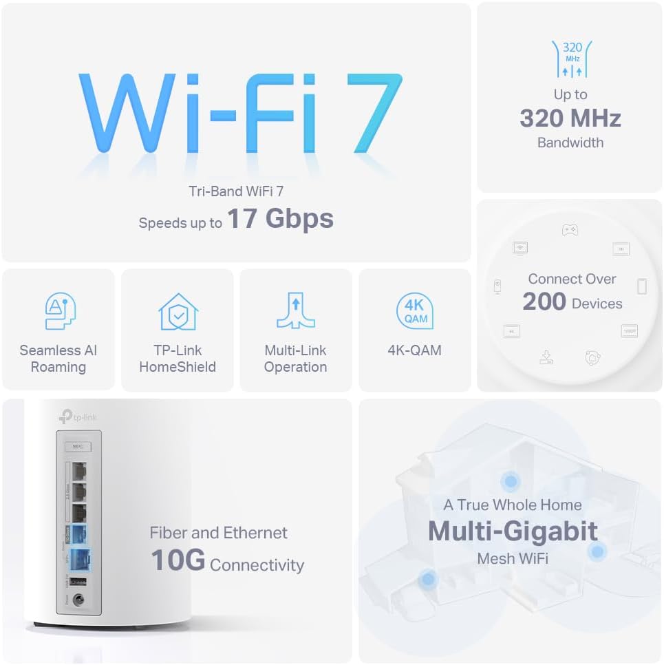 TP-Link Deco BE5000 Dual-Band WiFi 7 Mesh System (Deco BE25) – Supports 150+ Devices, 5GHz/2.4GHz, 2.5Gbps Ports, MLO, 4K-QAM, HomeShield Security, Universal Compatibility (3-Pack)