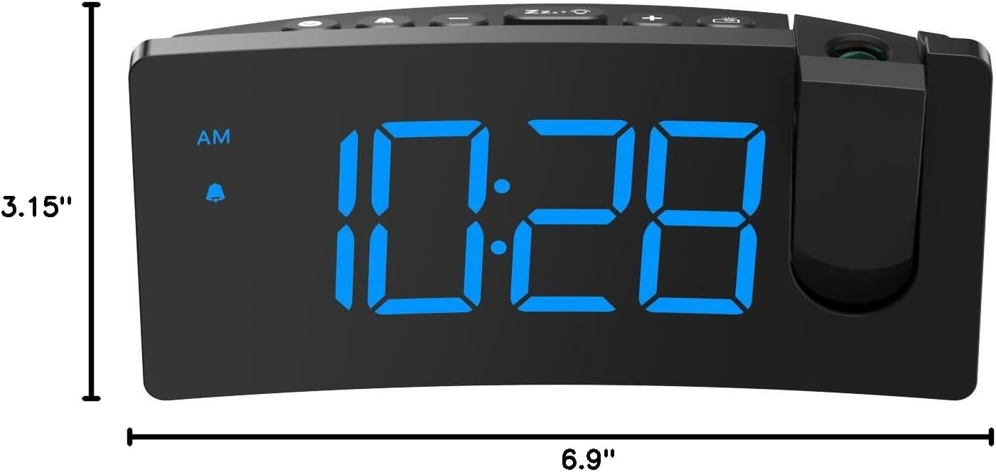 GOLOZA Projection Alarm Clock, Digital Clock with Modern Curved Design 180° Rotatable Projector, 3-Level Brightness Dimmer, Clear Blue LED Display, Progressive Volume, 9mins Snooze,12/24H, for Bedroom