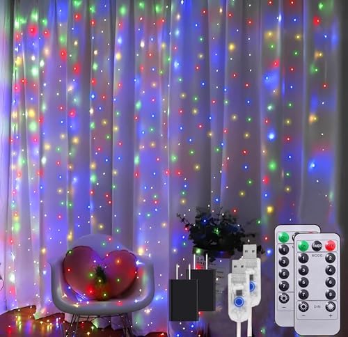 2 Pack Fairy Curtain Lights, Total 600 LED USB Plug in 8 Modes 9.8x9.8Ft Christmas String Hanging Lights with Remote for Bedroom, Indoor, Outdoor, Weddings, Party, Wall, Decorations, Warm White