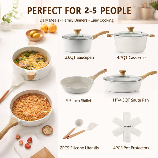 SENSARTE Nonstick Ceramic Cookware Set 13-Piece, Healthy Pots and Pans Set, Non-Toxic Kitchen Cooking Set with Stay-Cool Handles, Silicone Tools and Pot Protectors, PFAS and PFOA Free