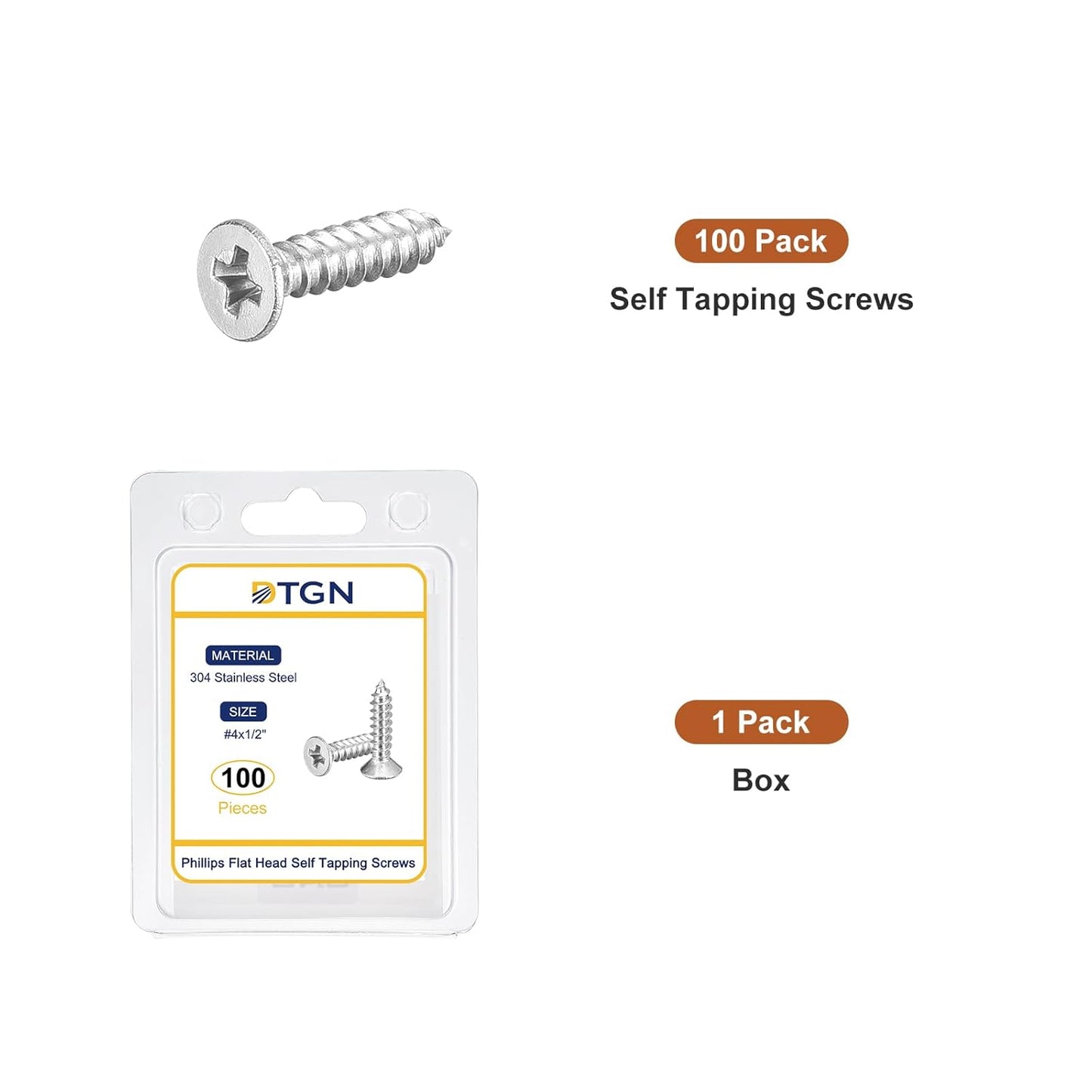 DTGN 100Pcs #6x1/2 Flat Head Wood Screws, 304 Stainless Steel Phillips Self Tapping Screws - Good for Woodworking, Furniture - Silver