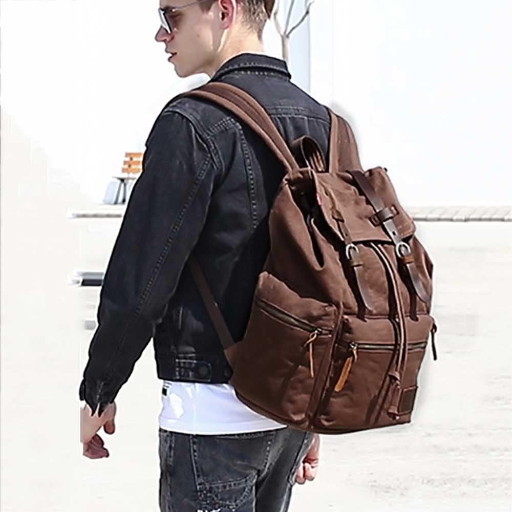 AUGUR Canvas Backpack,17 inch Laptop Backpack Vintage Canvas Leather Backpacks Casual School College Bag Pack Bookbag Hiking Travel Rucksack Daypack (L-Coffee)