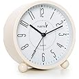 Driini Wooden Analog Desktop Clock – 4.3 in. Decorative Pinewood Clock, No-Tick Design – Easy to Read Silent Sweep Mantle Clock – Quiet Tabletop Clocks with Wood Body, Hands, & Battery Cover; White