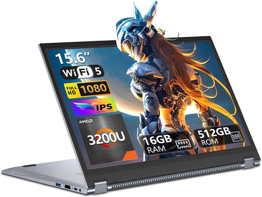 15.6 Inch 2 in 1 Gaming Laptop, Touchscreen Laptop Computer with AMD R3-3200U CPU (up to 3.5GHz) 16GB RAM 512GB SSD Laptops RJ45 WIFI5 BT5.1 HDMI Backlit Keyboard AMD Radeon Vega 3 Win 11 Pro