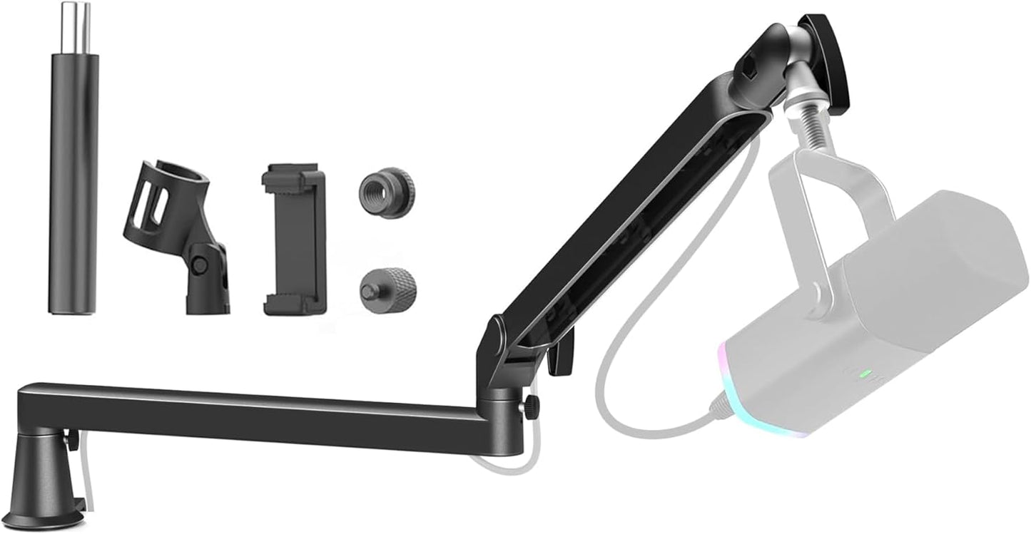 Microphone Boom Arm, Low Profile Mic Arm Professional Adjustable Solid Desk Mount Clamp,Cable Management Microphone Arm Stand for Podcast Streaming Gaming Studio Mic Stand White
