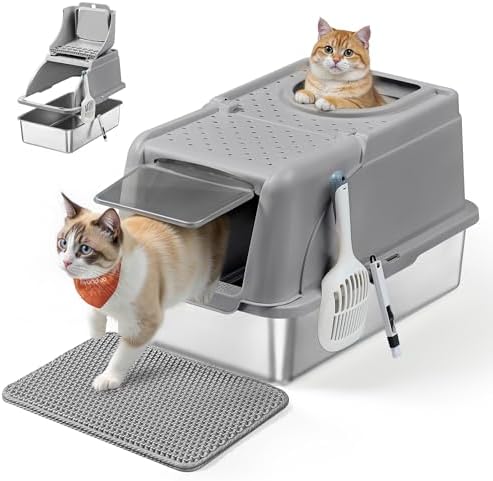 Feandrea Stainless Steel Cat Litter Box with Flip Lid, XL Enclosed Litter Box for Cats up to 15 kg, with Leak-Proof Design, Scoop, Brush, Dual Entry, Cappuccino Beige UPPT005K01
