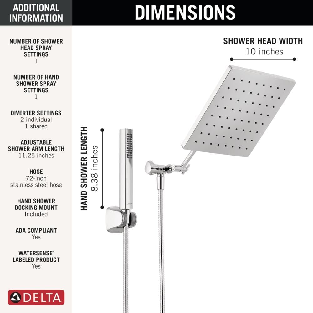 Delta Faucet 10-inch Raincan Shower Head and Hand Held Shower Combo, Black Square Shower Head, Rainfall Shower Head, Hand Shower, High Pressure Shower Head, 1.75 GPM Flow Rate, Matte Black 75527-BL